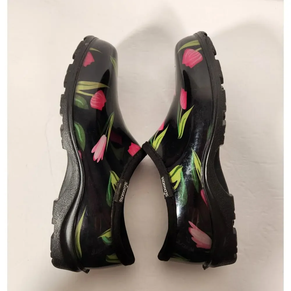 SLOGGERS Garden Shoes Women 10 Black Pink Floral Tulip Farm Cottagecore Country